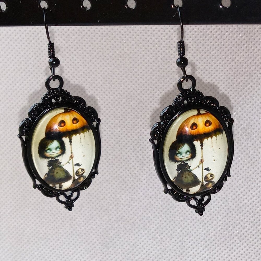 Creepy Cute Earrings, Halloween Earrings, Girl with Pumpkin Umbrella Earrings